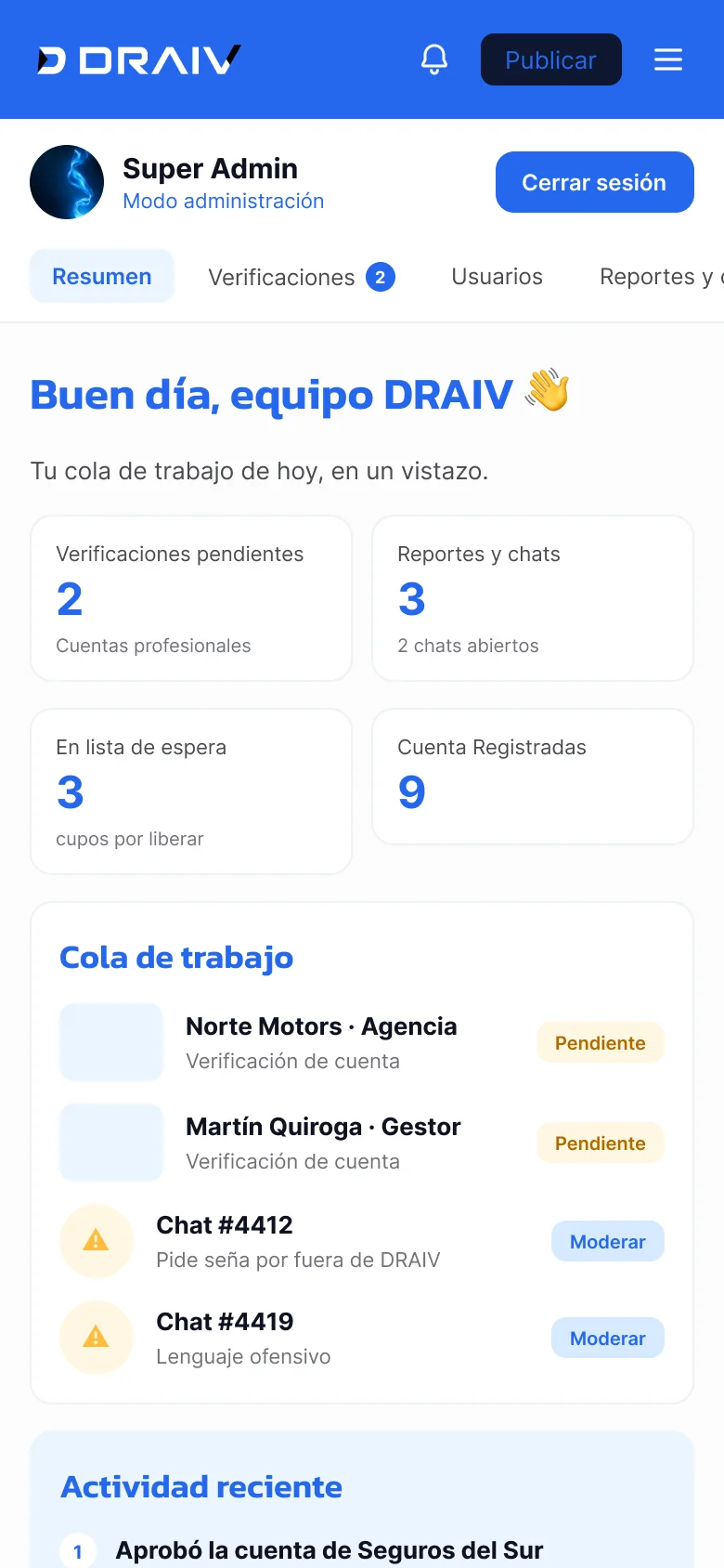 Panel de administración en mobile