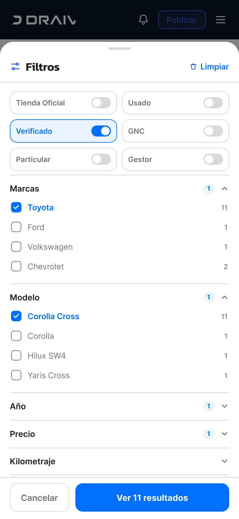 Filtros del catálogo en mobile