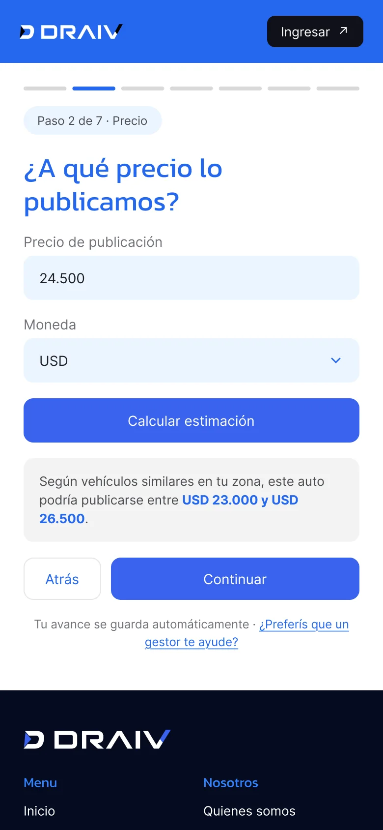 Publicar, paso 2: precio, en mobile