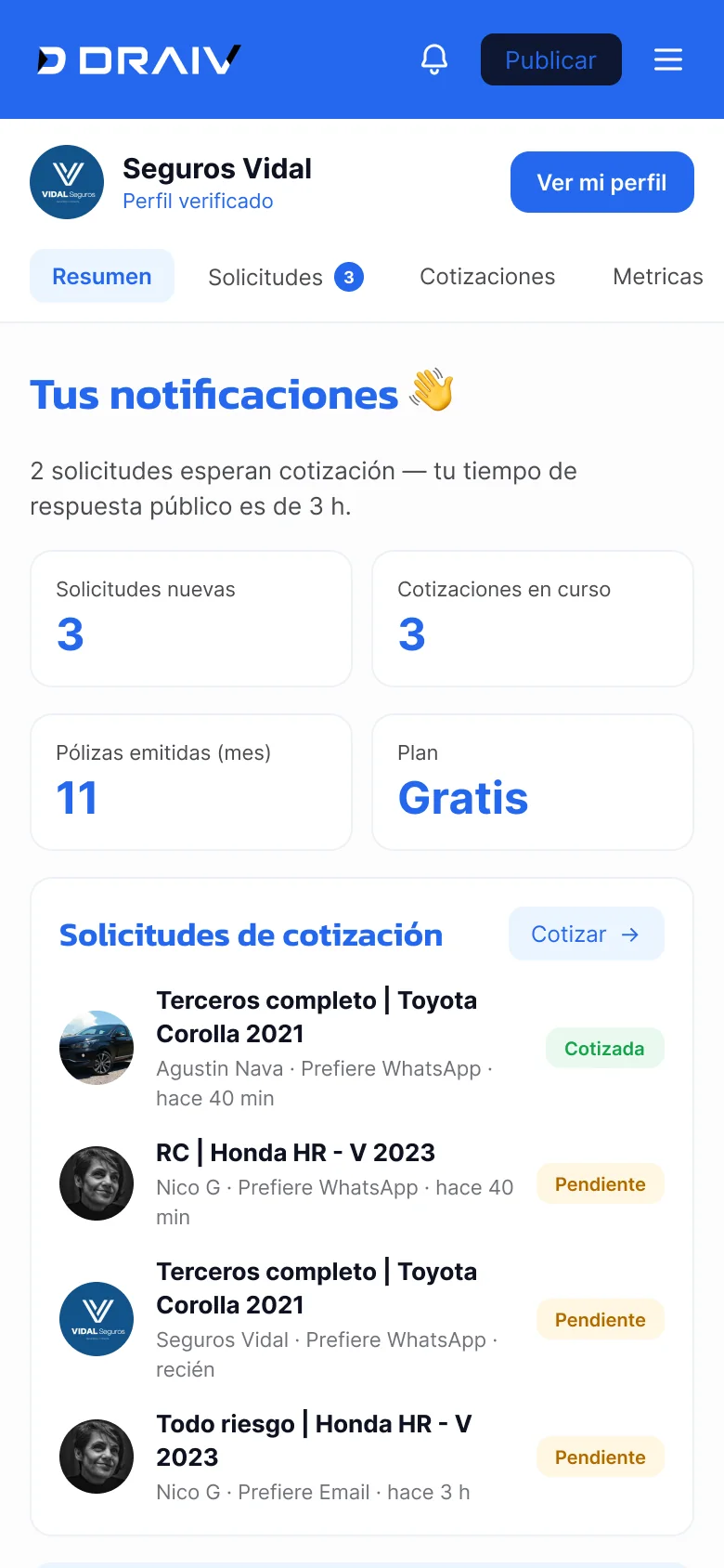 Panel de productor en mobile