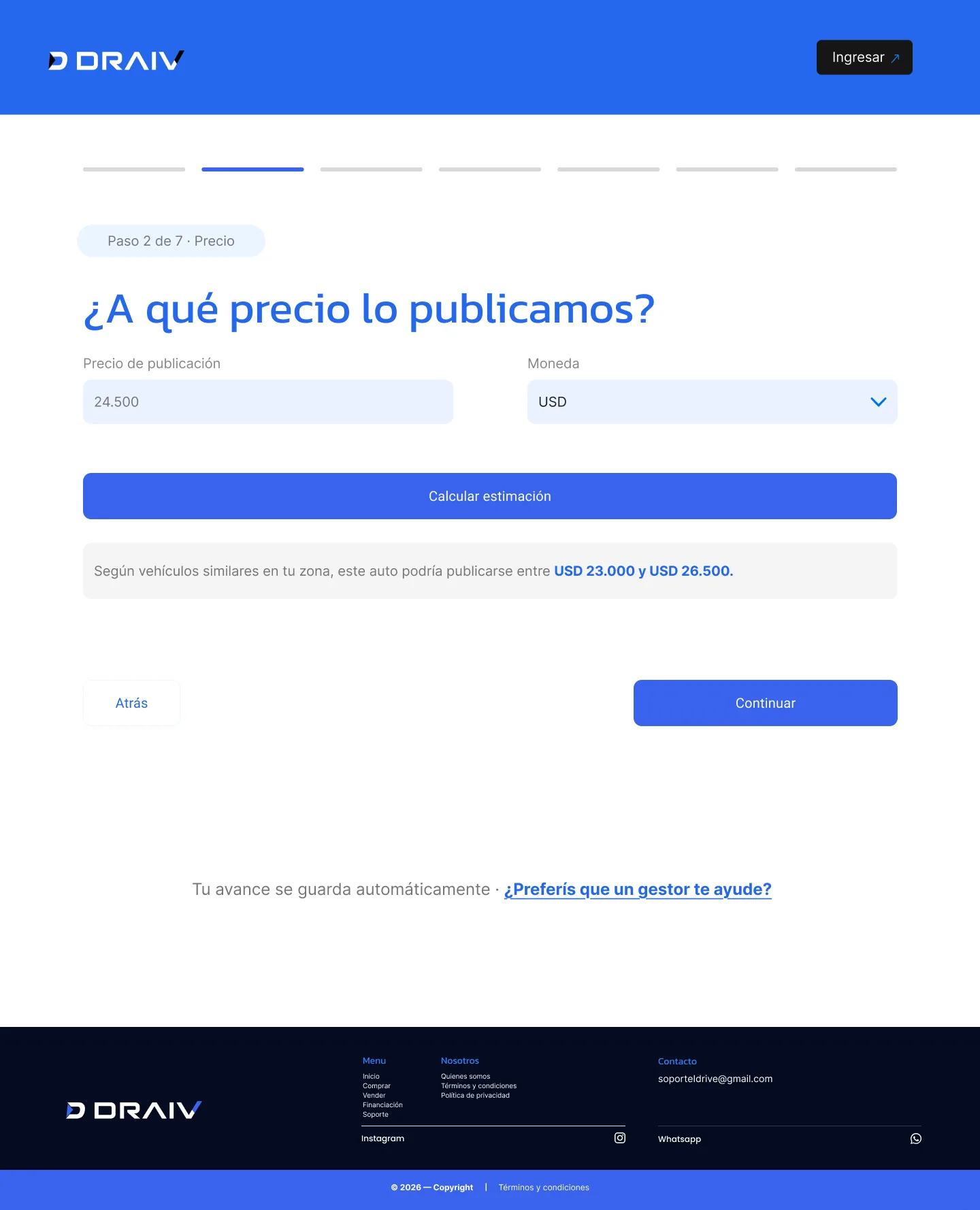 Publicar, paso 2 de 7: precio
