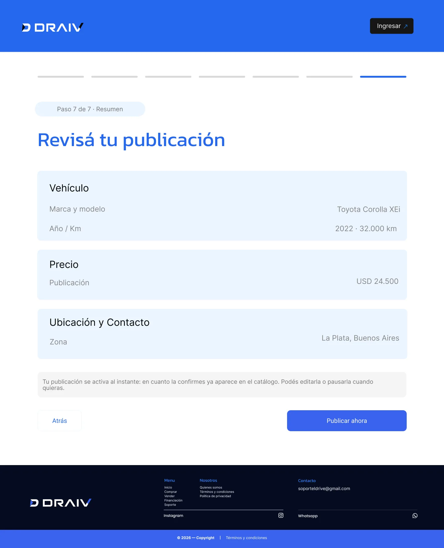 Publicar, paso 7 de 7: resumen