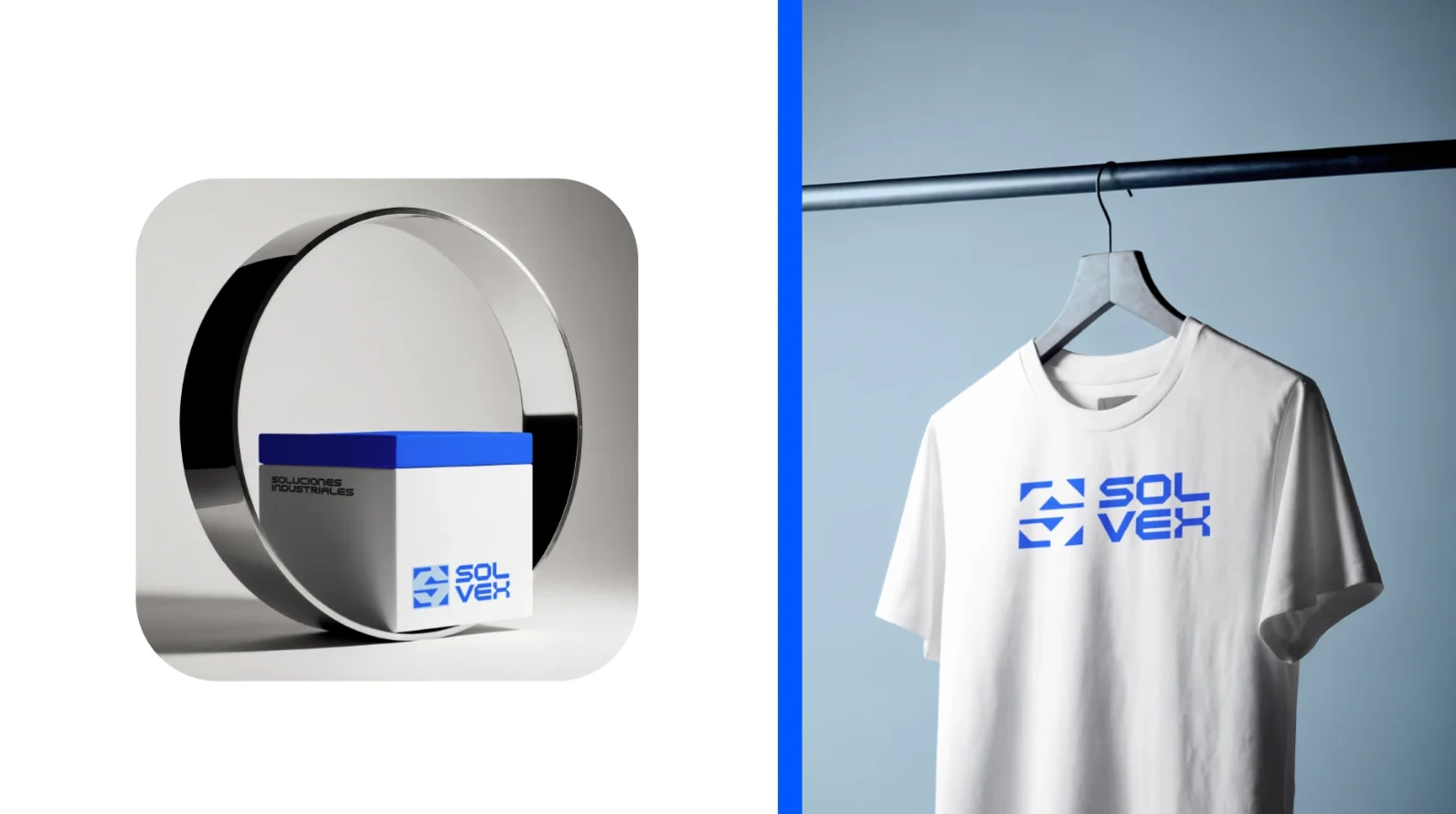 Caja con tapa azul dentro de un aro de metal y remera con el logo