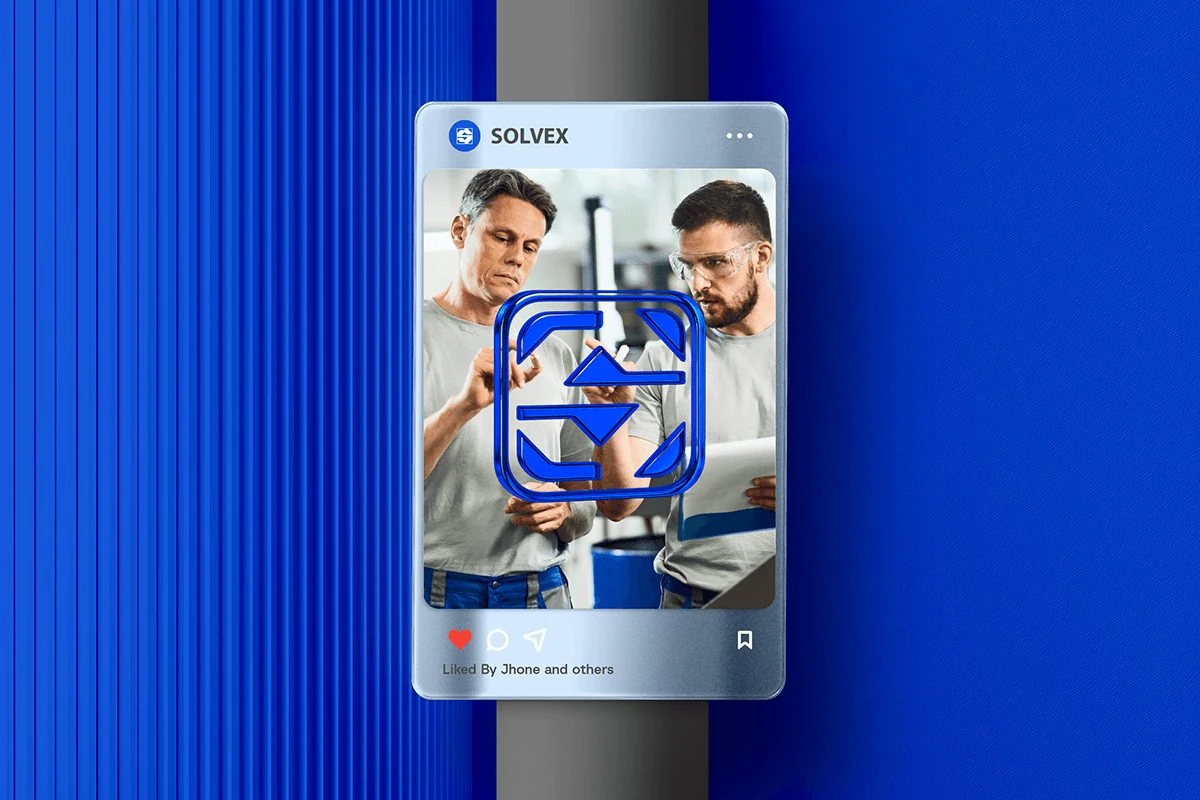 Post de redes de SOLVEX con el símbolo en vidrio sobre una foto de equipo